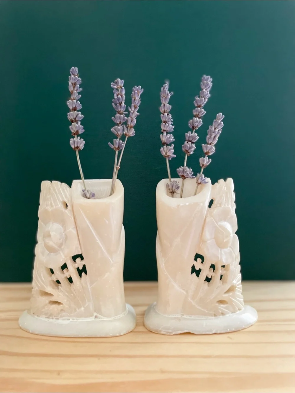 Vintage Chinese Hand-Carved White Soapstone Bud Vases - Mirrored Pair